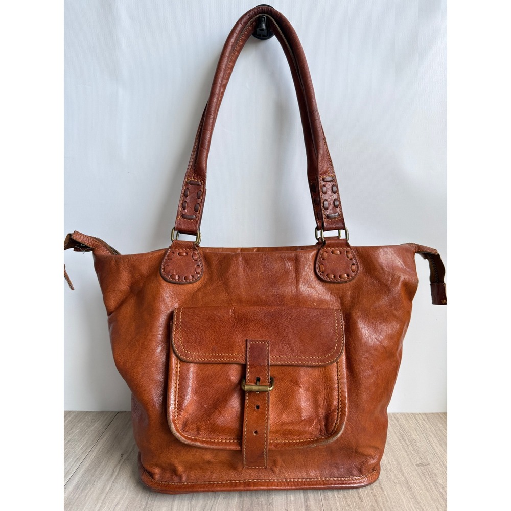 Vintage Goat Leather Tote Bag Boho Slouchy Cognac Shoulder Purse Artisan Satchel